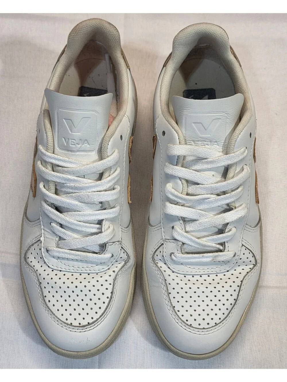 Veja V-10 White Leather Sneakers with Gold Accents, Size 38